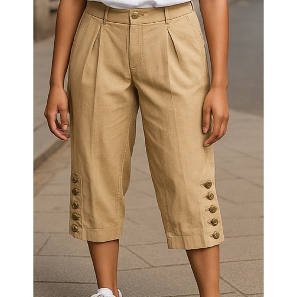 Minh Hanh Medium* (see below) Beige Cropped Pants With Gold Buttons At Hem